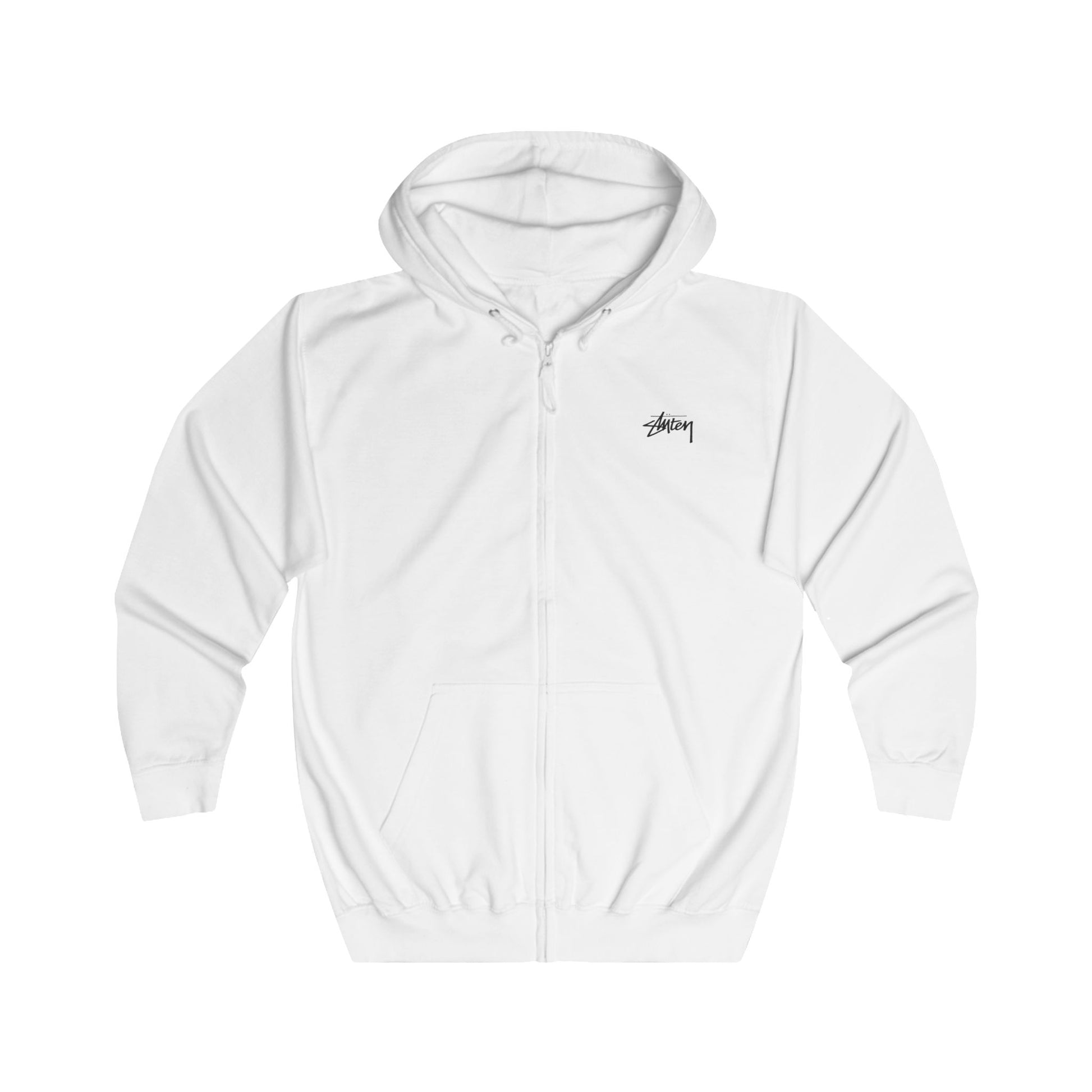 White hoodie with a brand logo on a white background